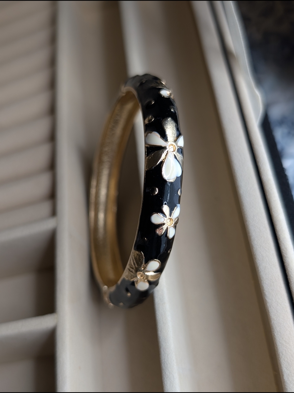 Gold-Tone Black Enamel Floral Hinged Bracelet Elegant